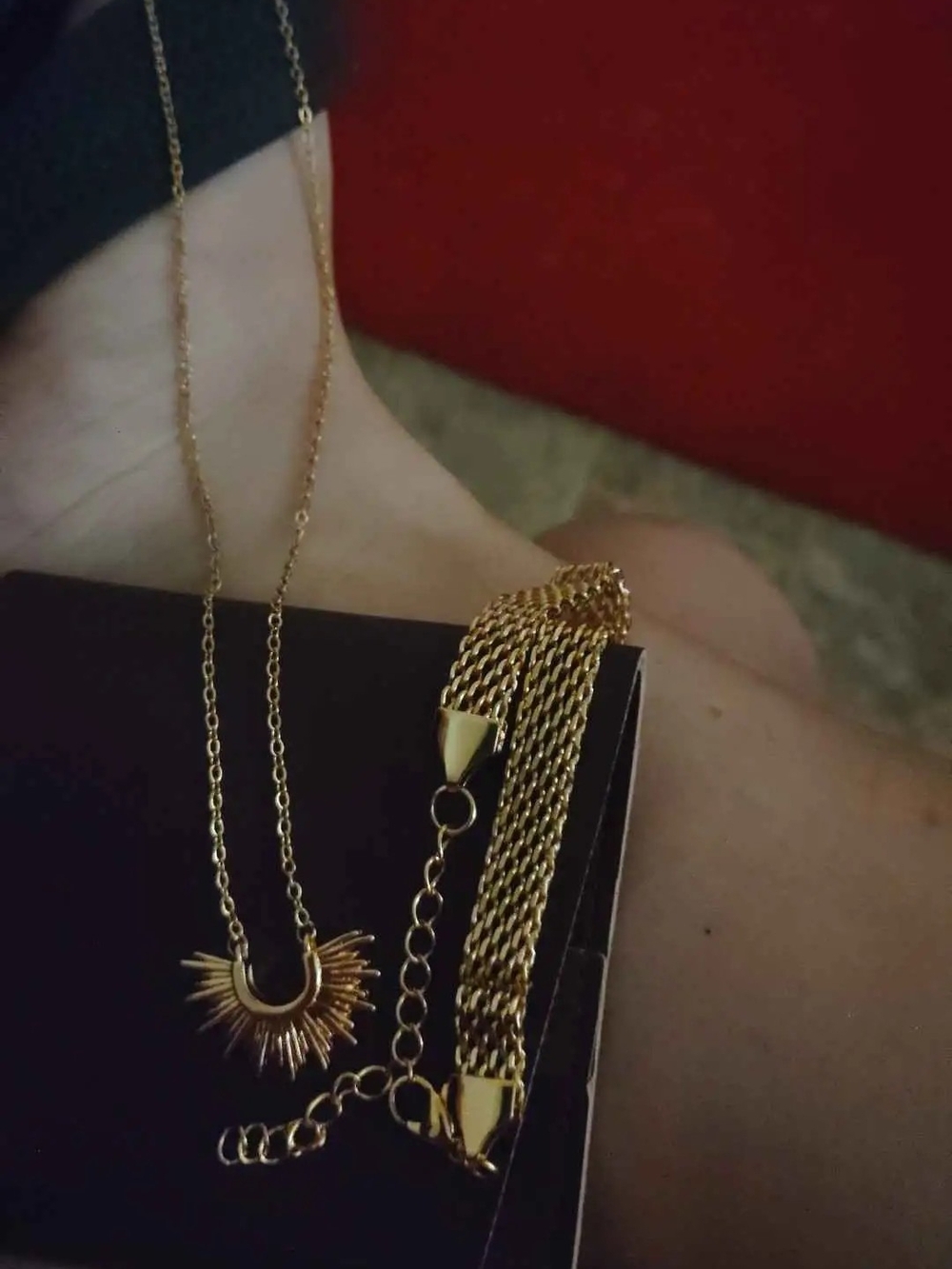 Gold Sunburst Pendant Necklace and Mesh Bracelet Set